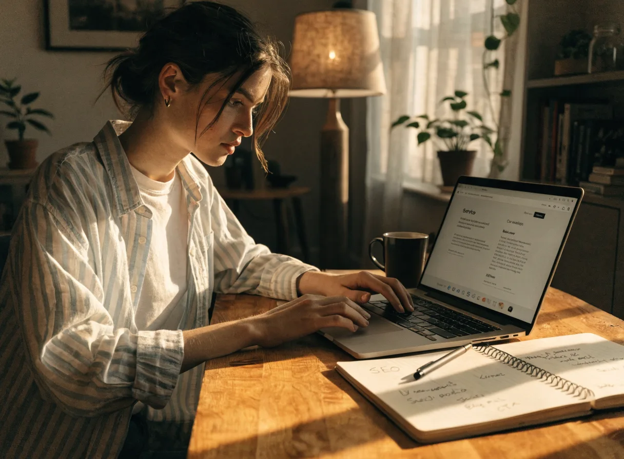 Desk setup with a laptop showing website content pages