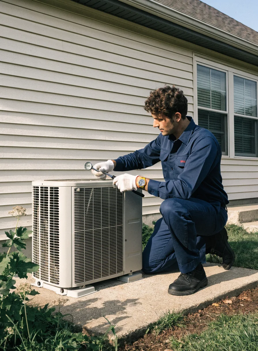 HVAC technician actively working on an outdoor condenser unit with a tool