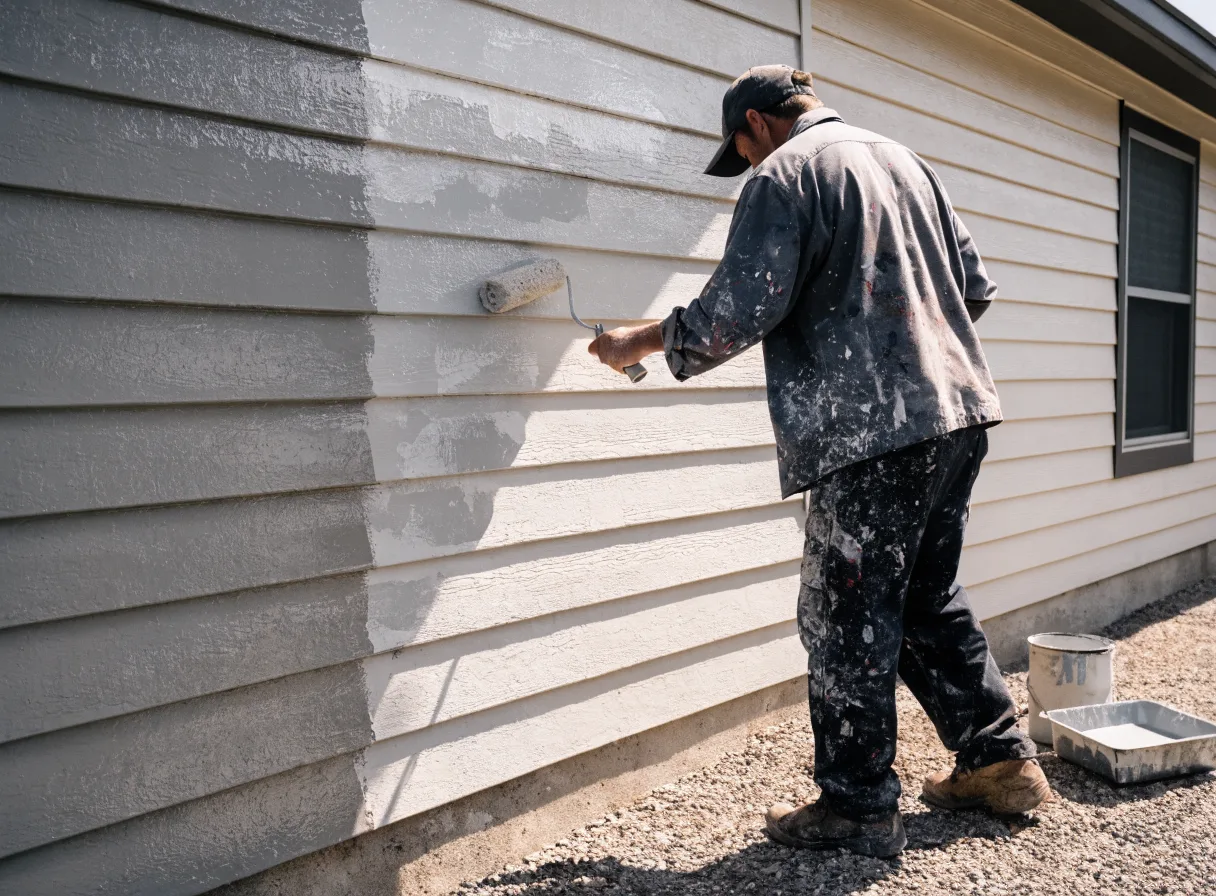 Person on a ladder painting a house window