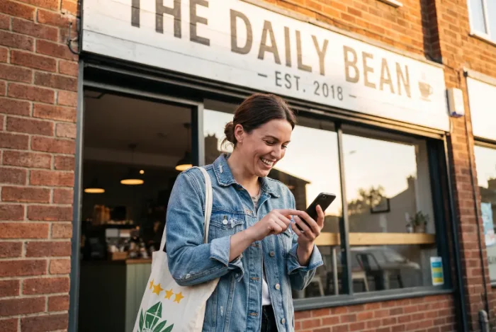 A woman sitting at a table checking a five star review on her phone
