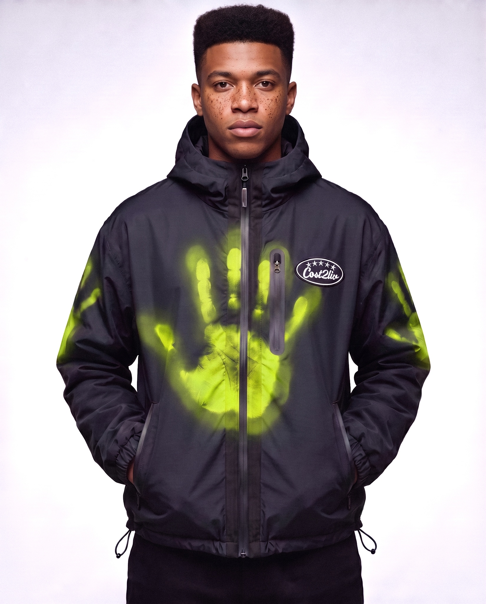 Cost2liv thermal reactive jacket with a lime handprint across the chest