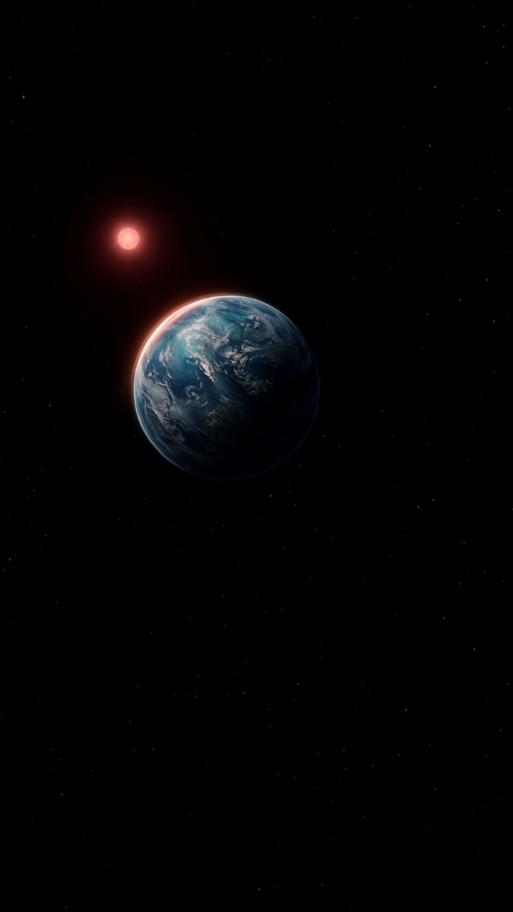 AI-generated illustration of a telescope pointed toward a small blue exoplanet in deep space