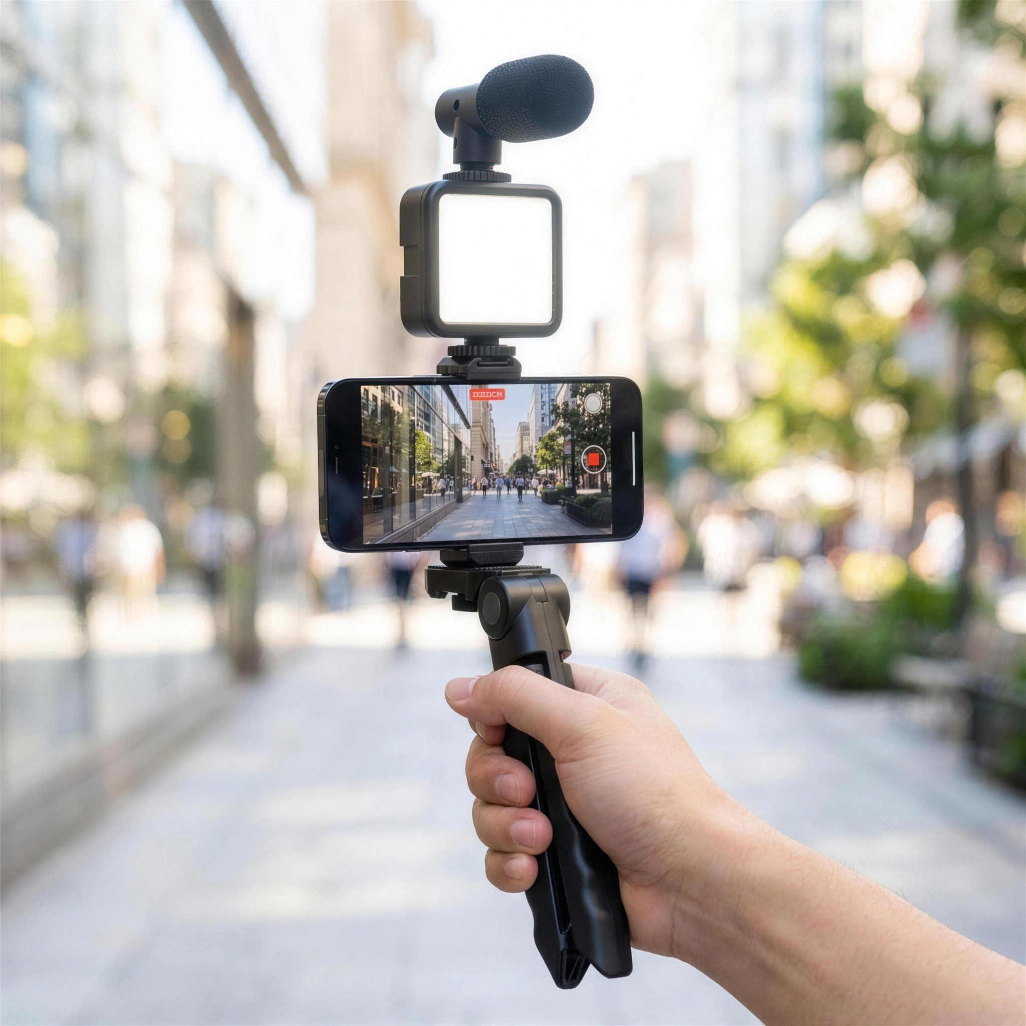 Vlog set u ruci - snimanje na ulici sa upaljenim LED svetlom i mikrofonom