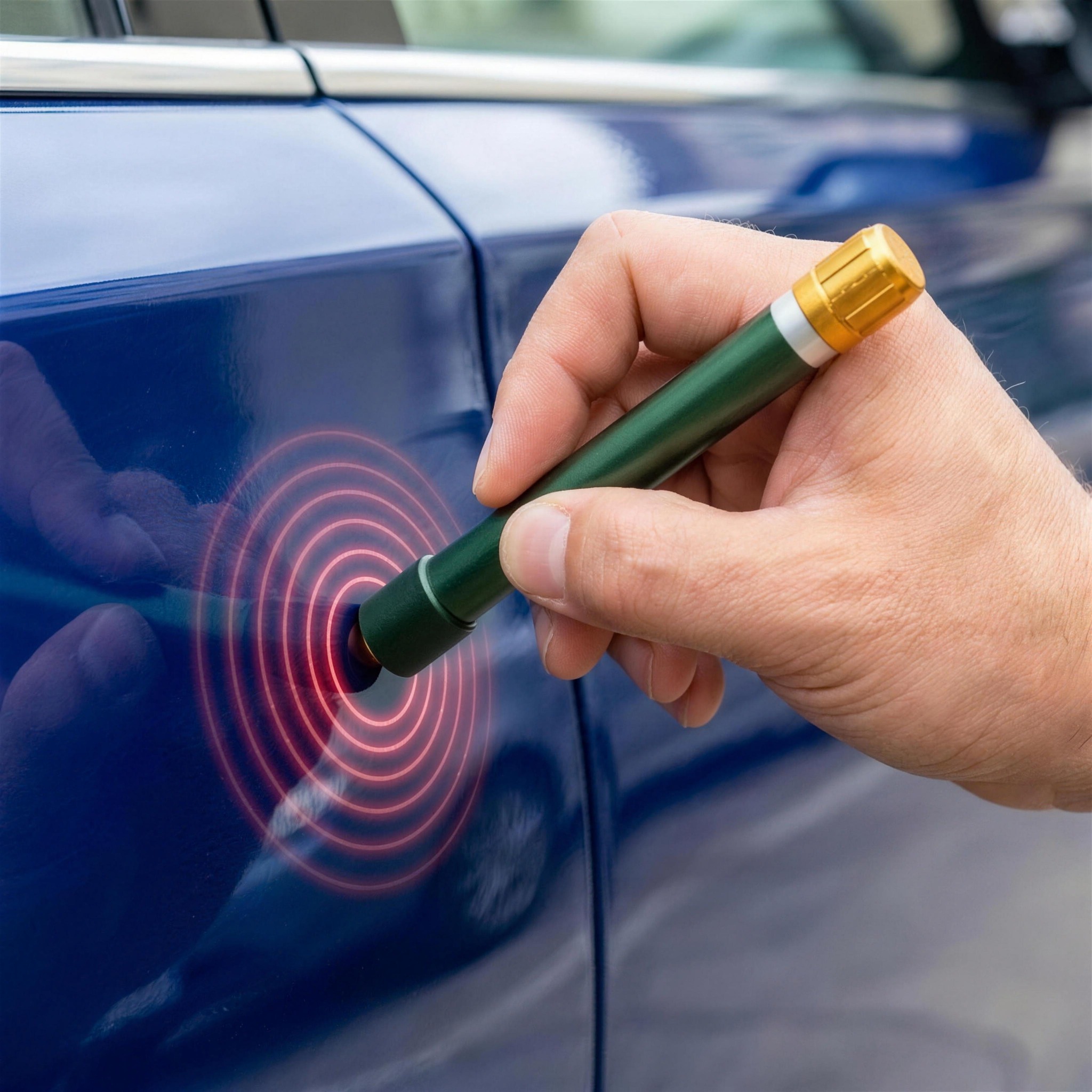 Ruka drži merač debljine laka prislonjen na auto sa magnetnim talasima