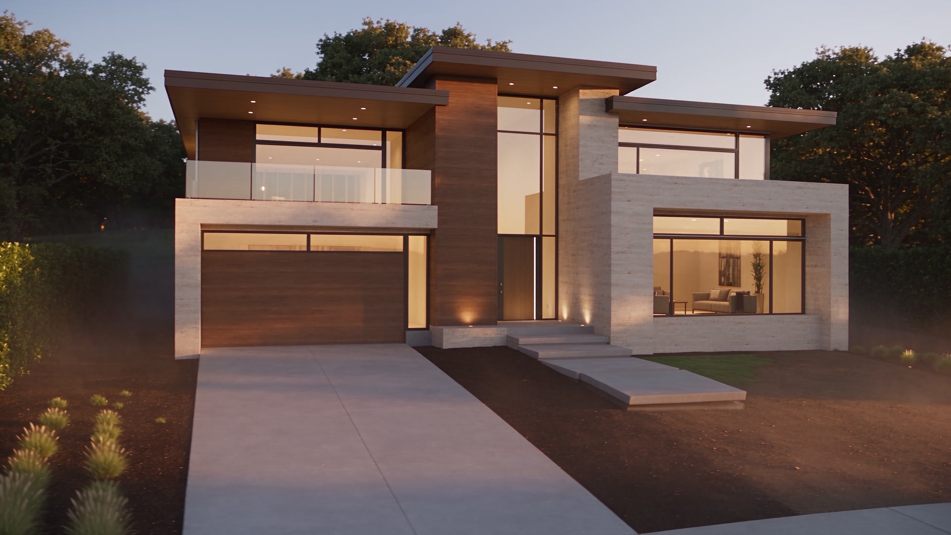 AI-generated concept of the completed Aurelian Ridge residence, combining limestone, cedar and bronze glass.