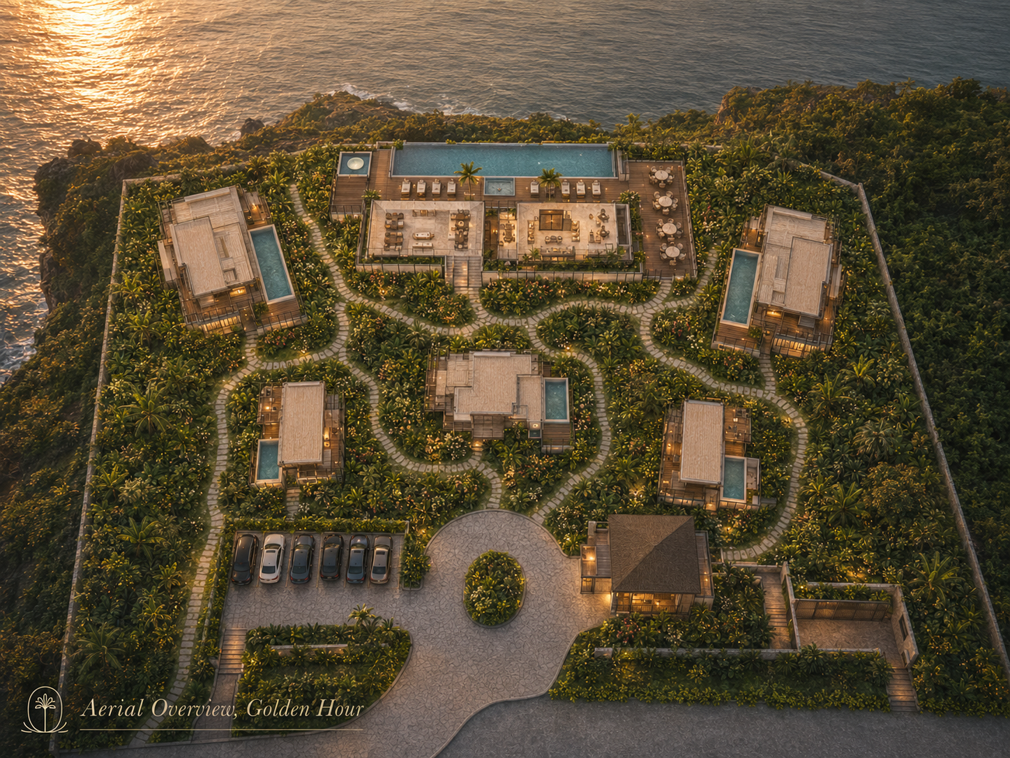 La Calma Living Wellness Resort, aerial concept render at golden hour