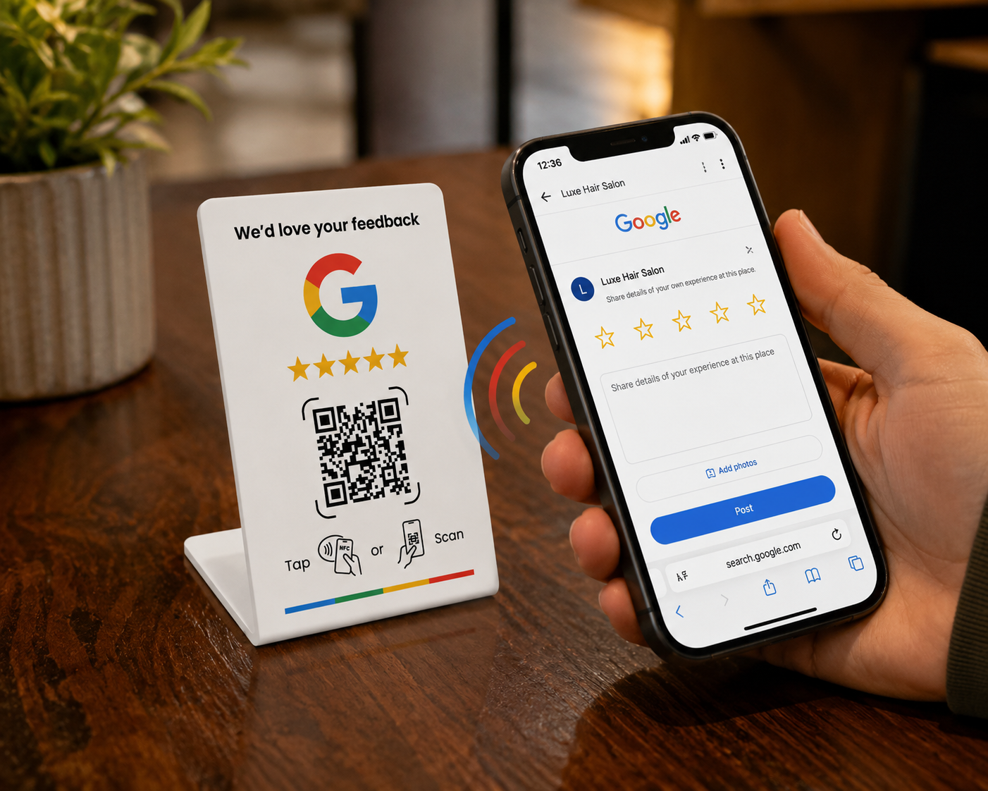 Customer tapping phone on review stand