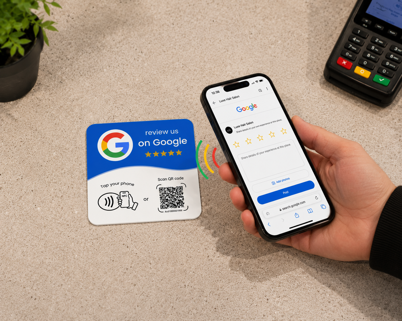 Blue review card with phone showing Google review screen