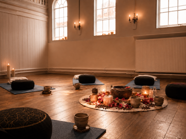De ceremonieruimte in de Oude Synagoge in Raalte, klaar voor een cacao en healing ceremonie