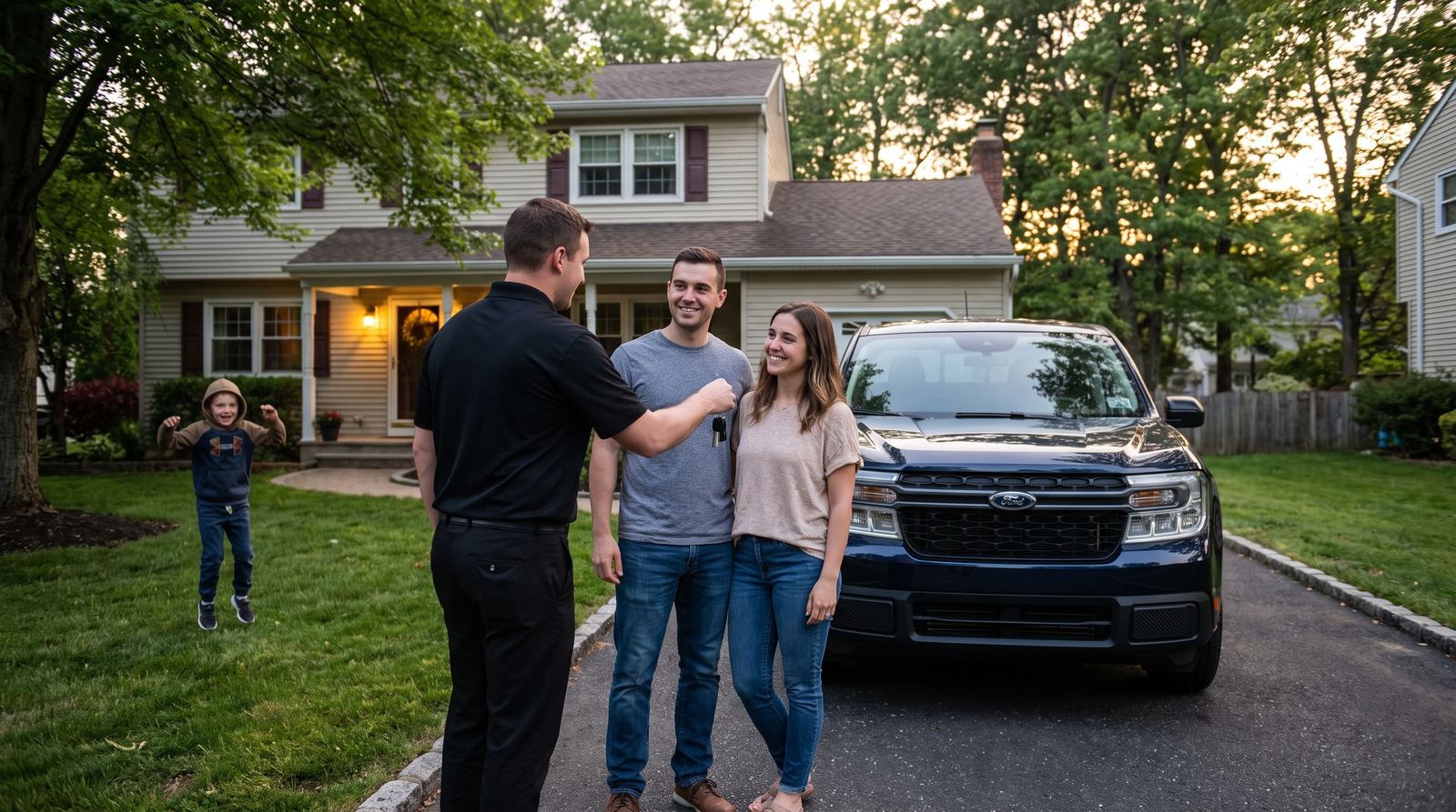 A Tom's Ford team member hands keys to a couple in their driveway beside a new Ford Maverick