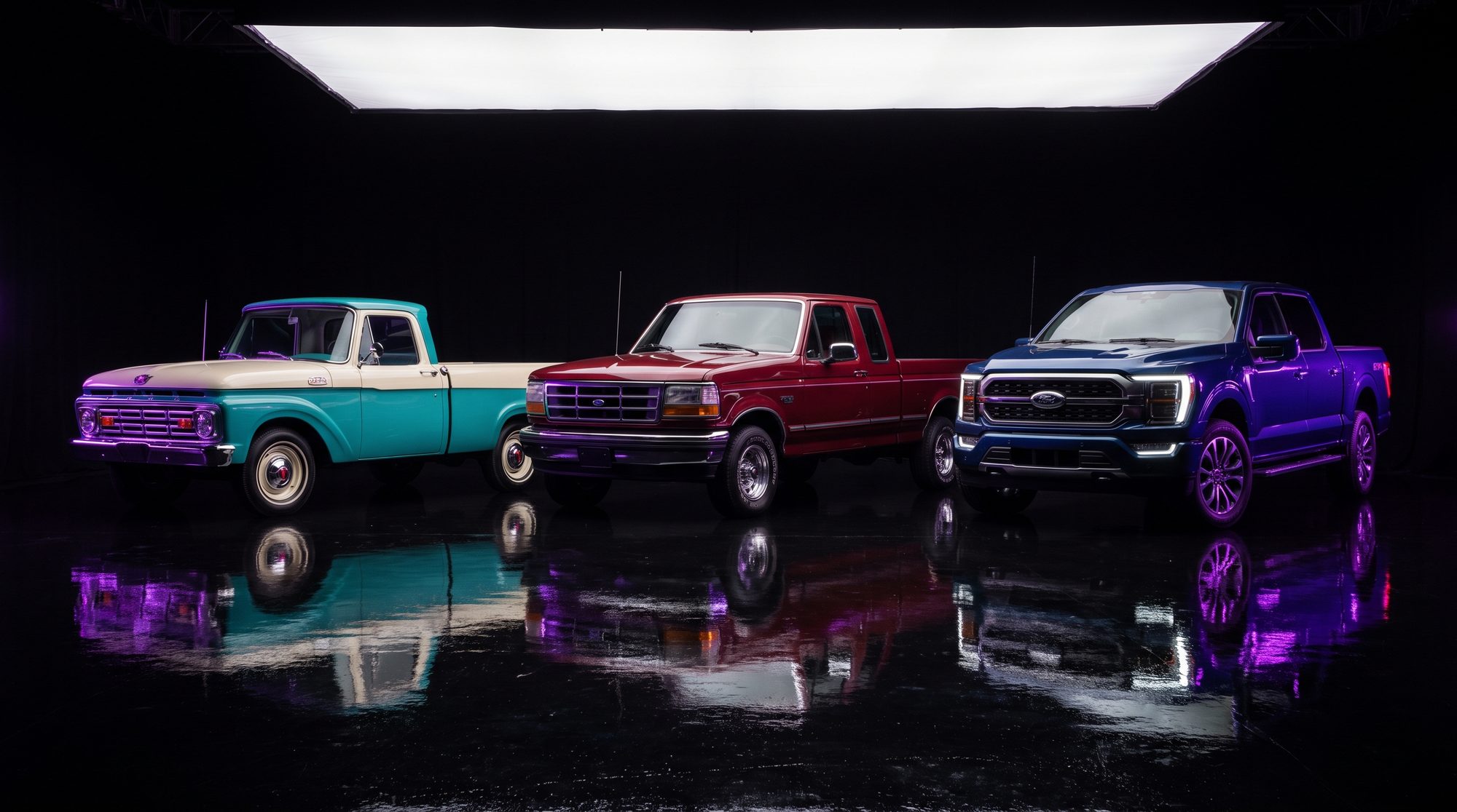 Three generations of Ford pickups — a 1962 F-100, a 1990s F-150 and a 2026 F-150 — side by side in the Tom’s Ford studio