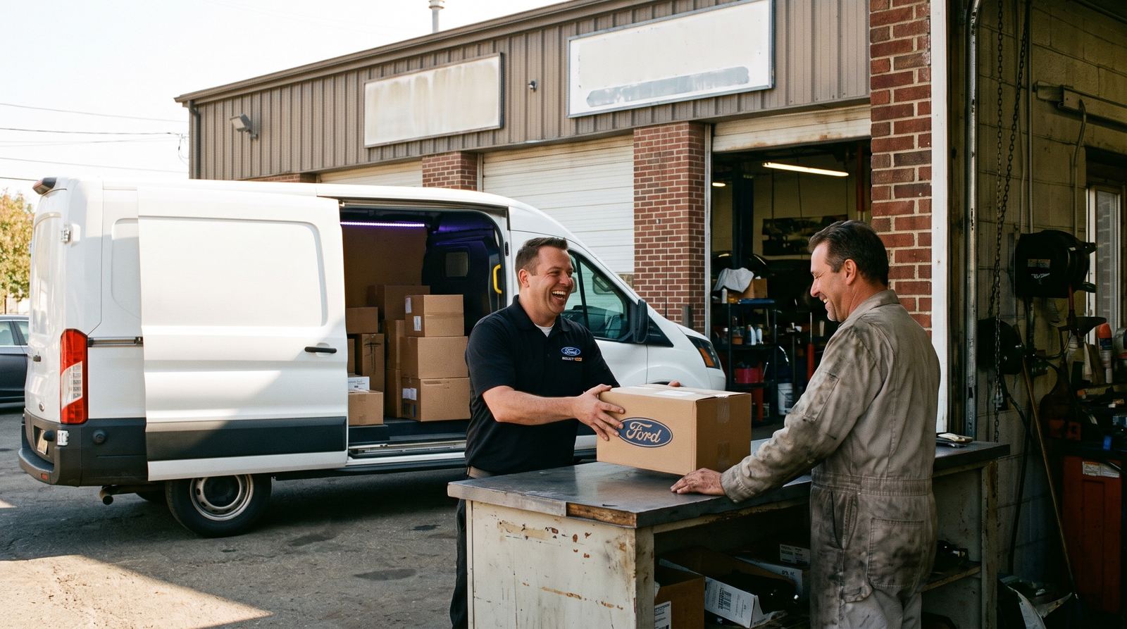 A Tom's Ford wholesale parts driver hands a boxed Ford part to a technician at a local repair shop, Transit van behind him