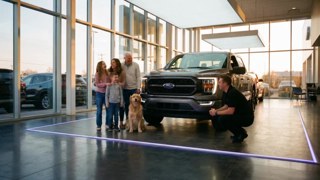 A family and their dog laughing with a Tom's Ford salesperson beside a new F-150 in the Keyport showroom