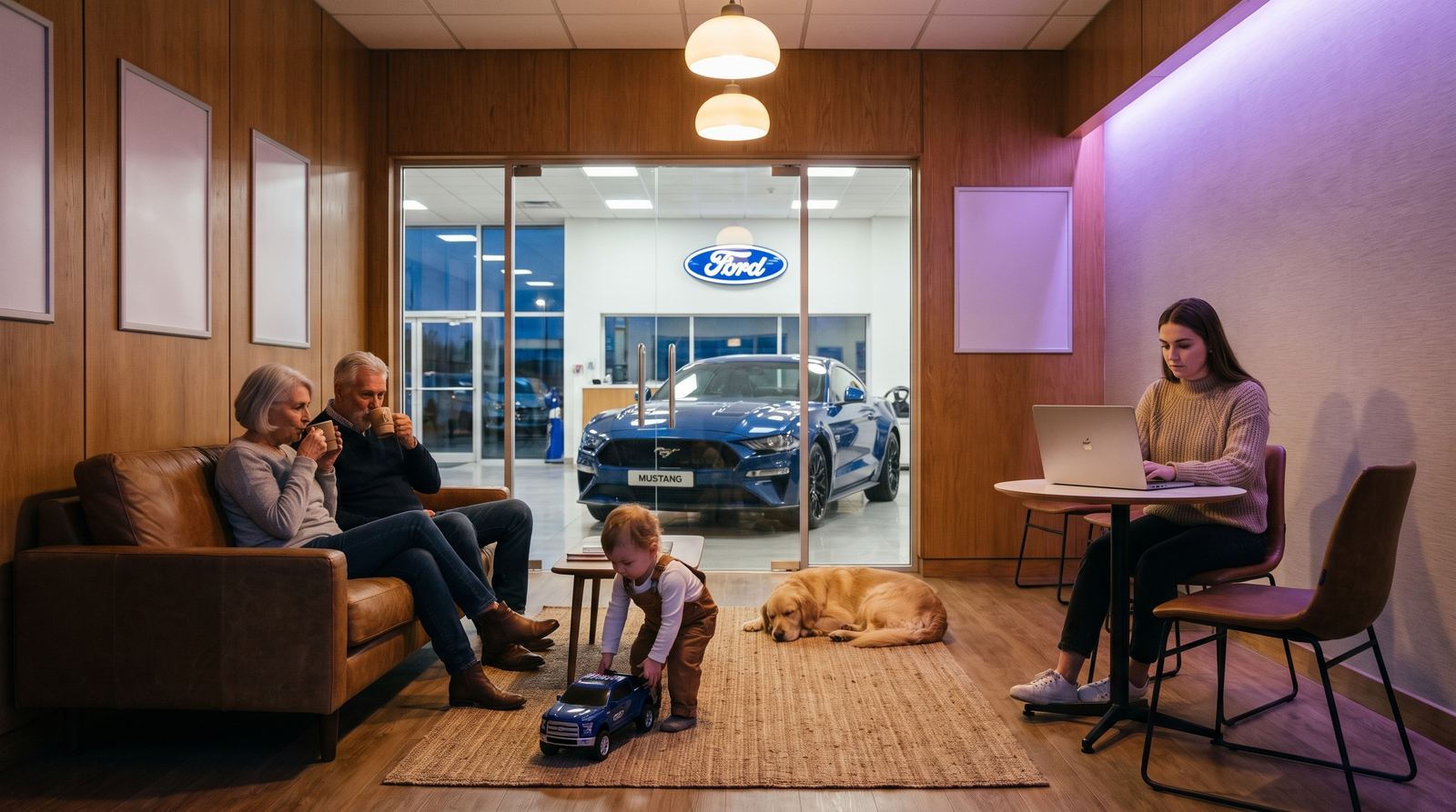 Customers relaxing in the Tom's Ford lounge with coffee while a dog naps and a Mustang sits in the showroom behind them