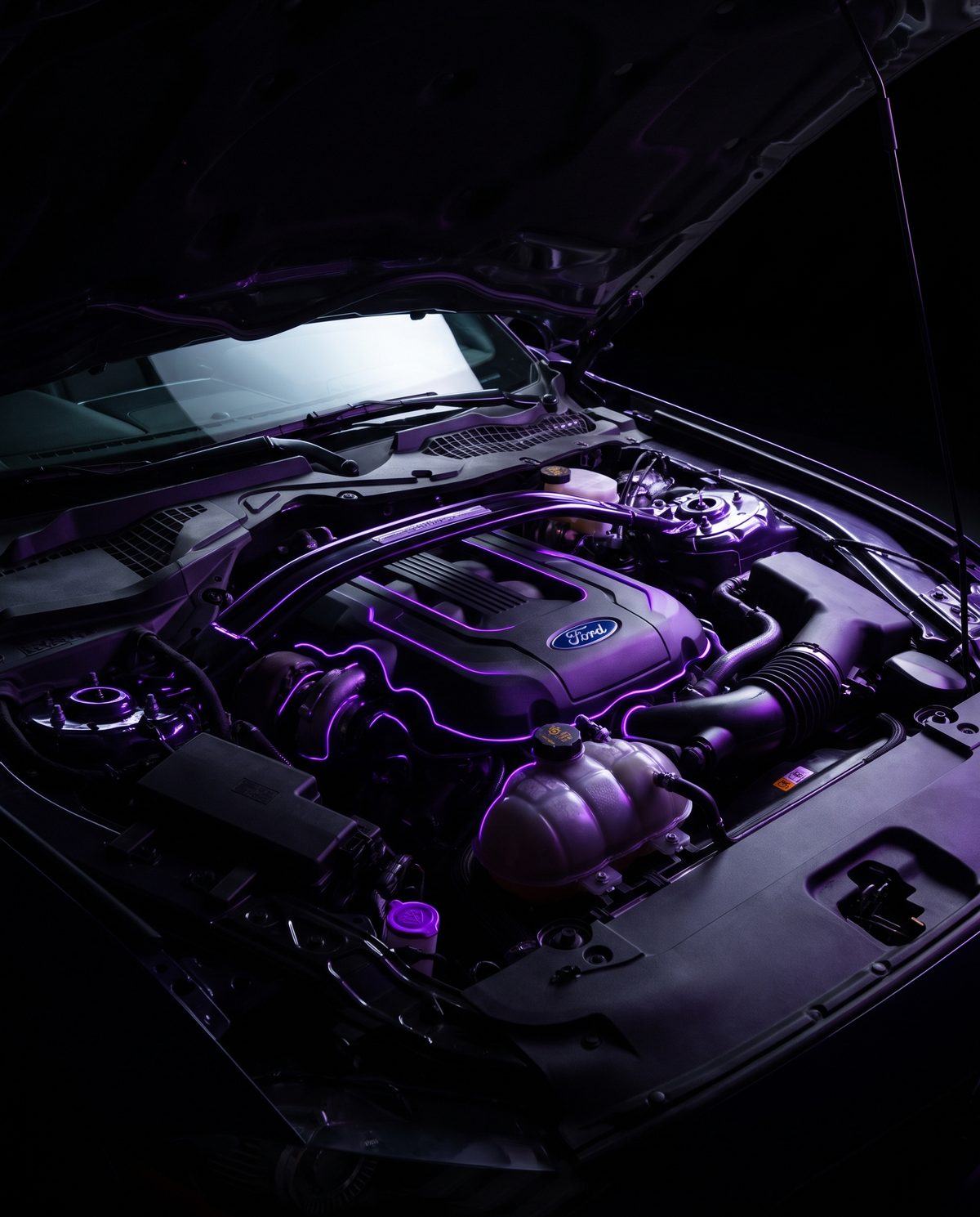 Ford EcoBoost engine bay under purple studio light — lifetime engine warranty