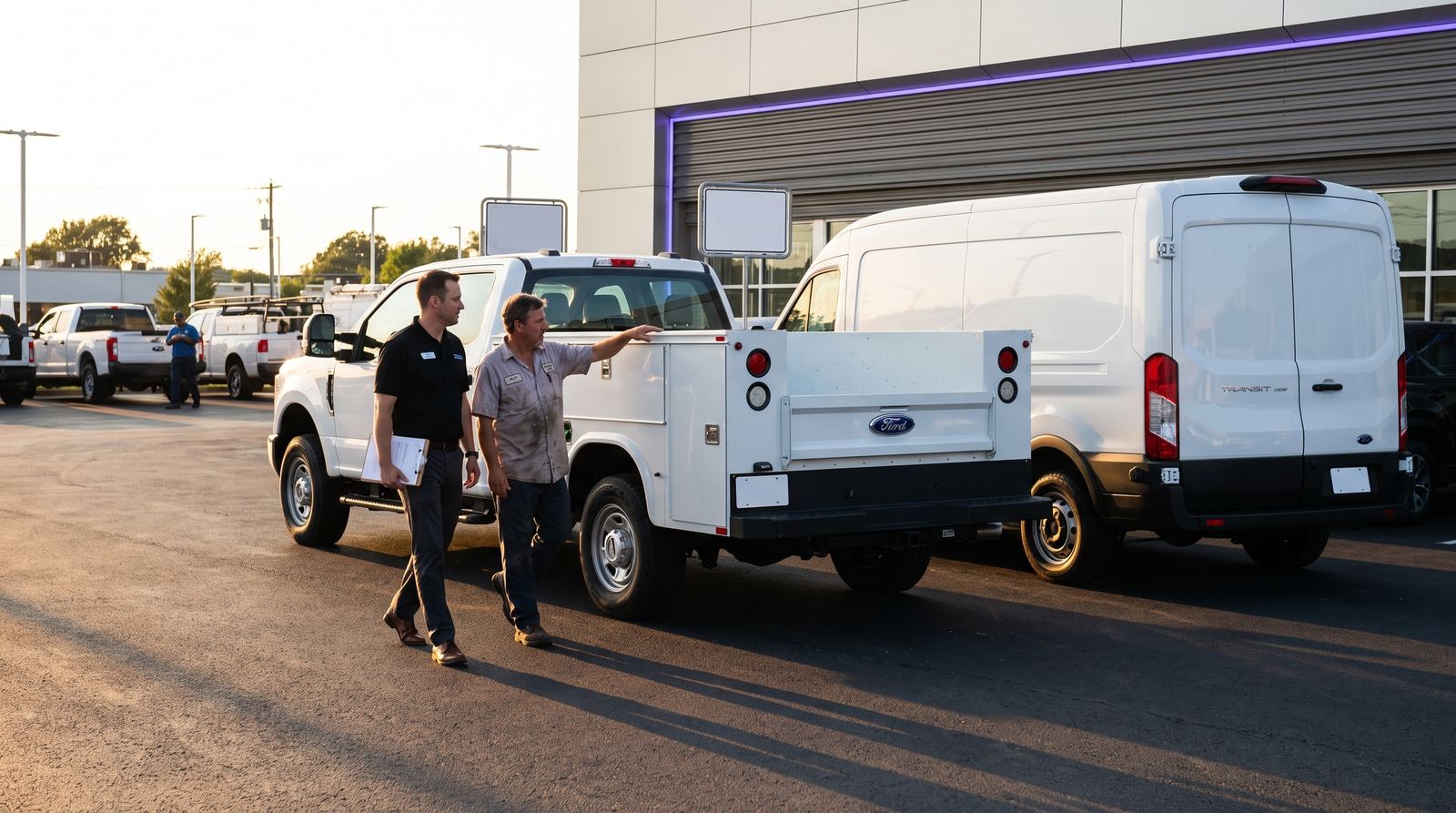 A Tom's Ford commercial sales manager walks a business owner around a Super Duty service body and a Transit van in the Keyport yard