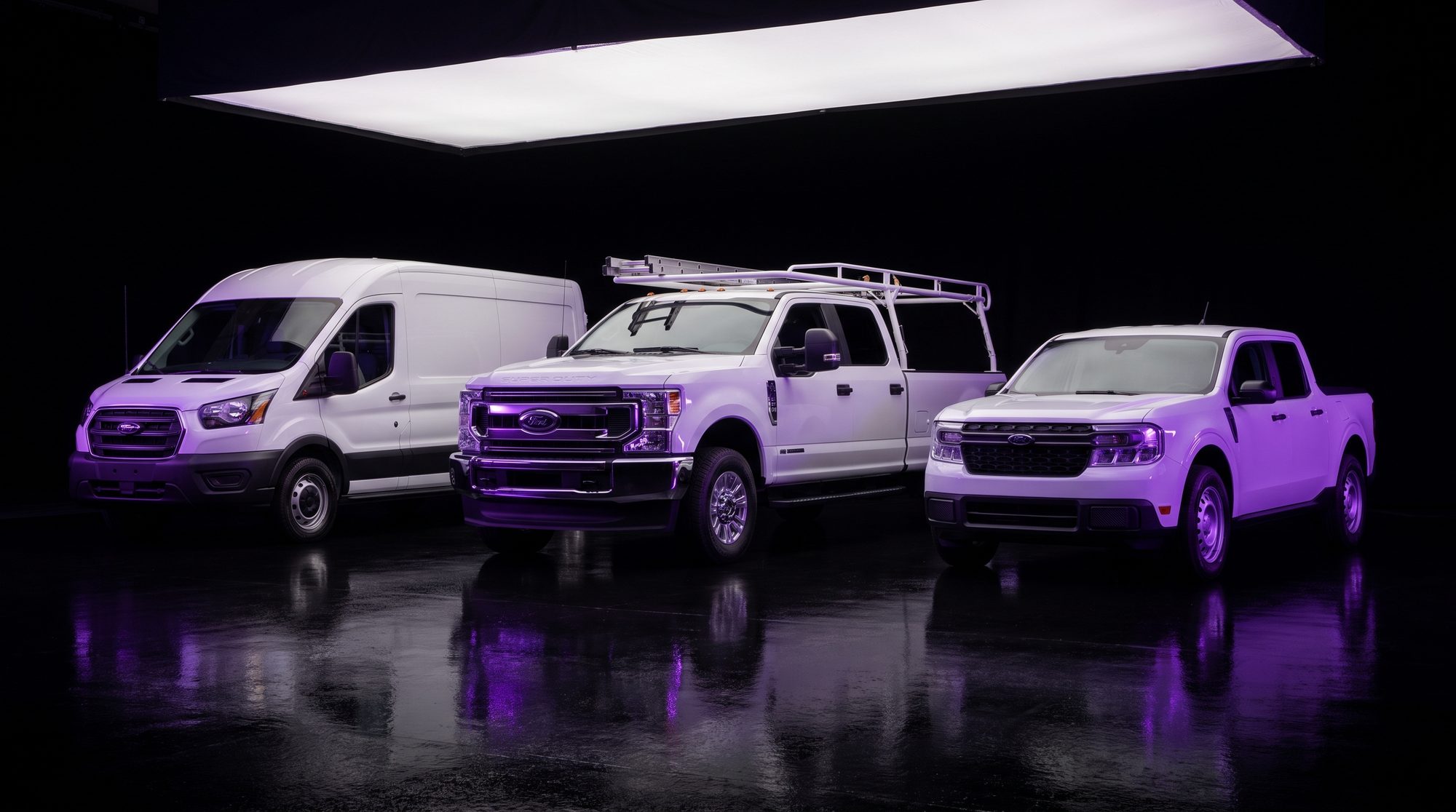 Ford Transit cargo van, F-350 Super Duty with ladder rack and Maverick — work trucks in stock at Tom’s Ford, Keyport NJ