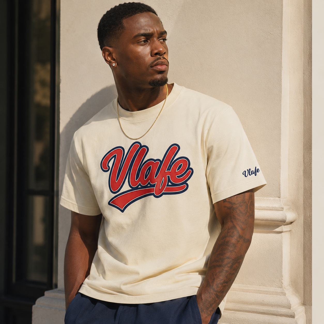 Woman wearing the Vlafe Cream Tee