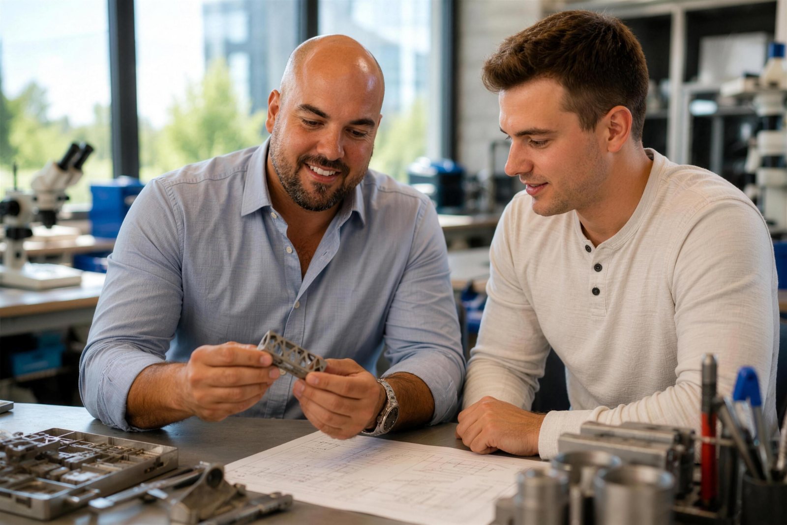 Joe Monroe, medical device CEO and operating partner, reviewing a titanium implant with an engineer in a bright modern workshop