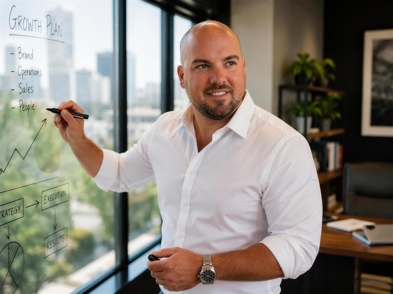 Joe Monroe mapping a commercial growth plan on a glass whiteboard