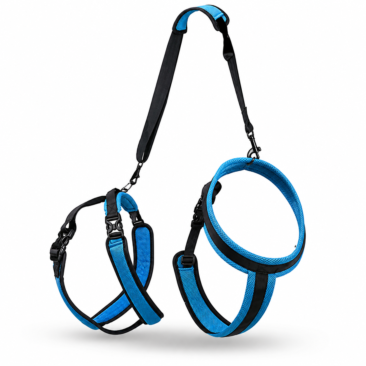 The Lupo Two-Piece Lift Harness laid flat, showing the front chest piece and the rear hip piece joined by one padded handle