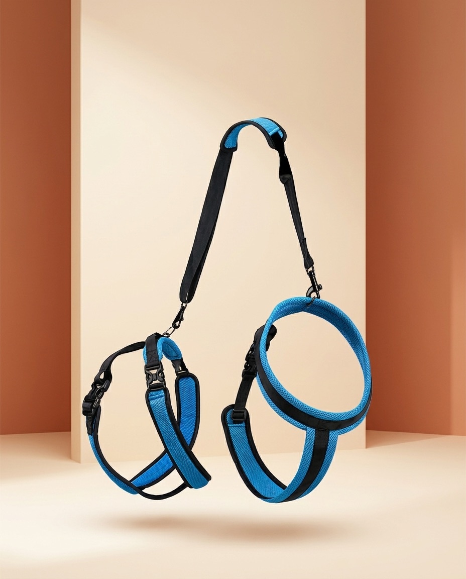 Lupo Dog Harness flat lay showing padded mesh straps and adjustment buckles