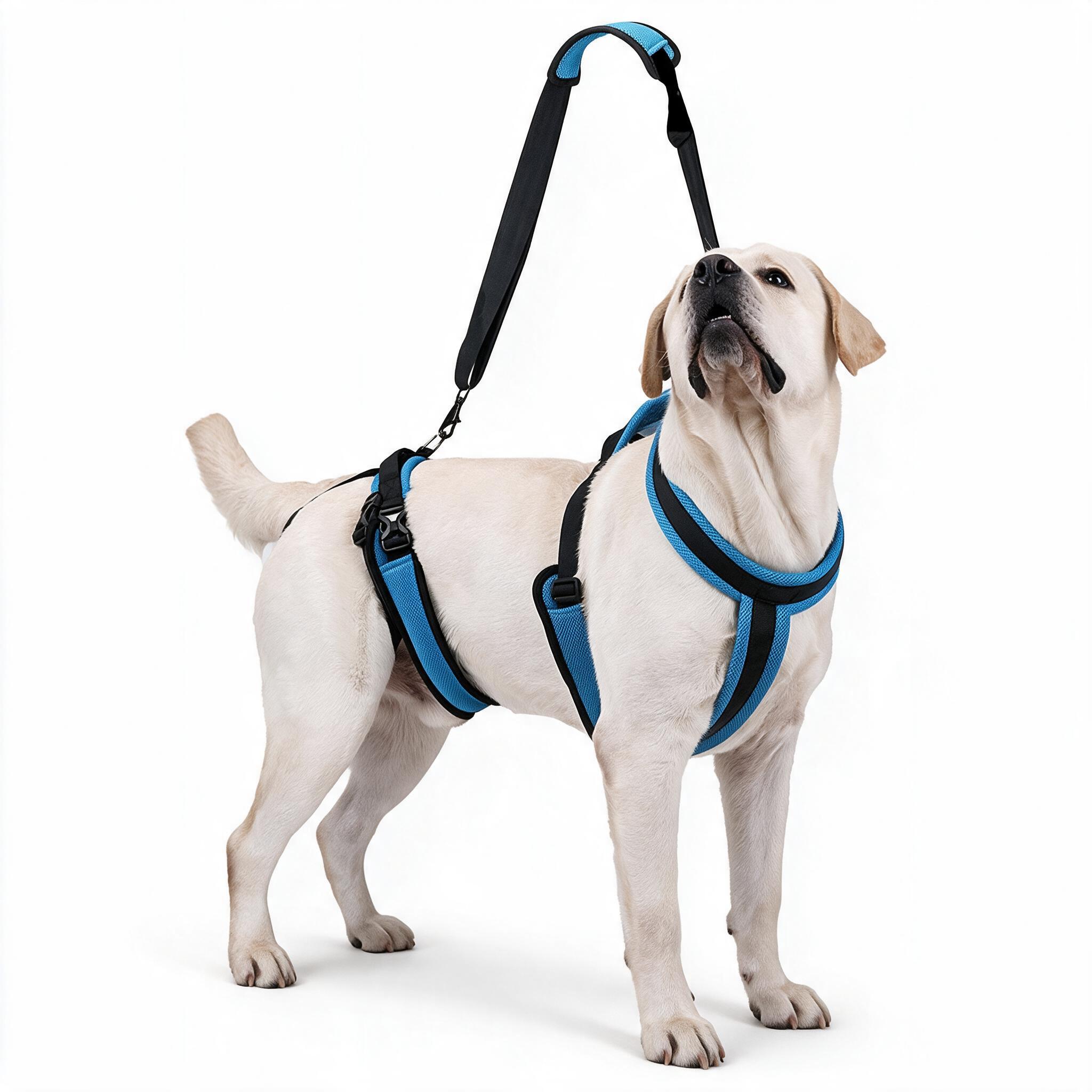 Labrador wearing the Lupo Two-Piece Lift Harness with front and rear lift handles during post-surgery recovery walk