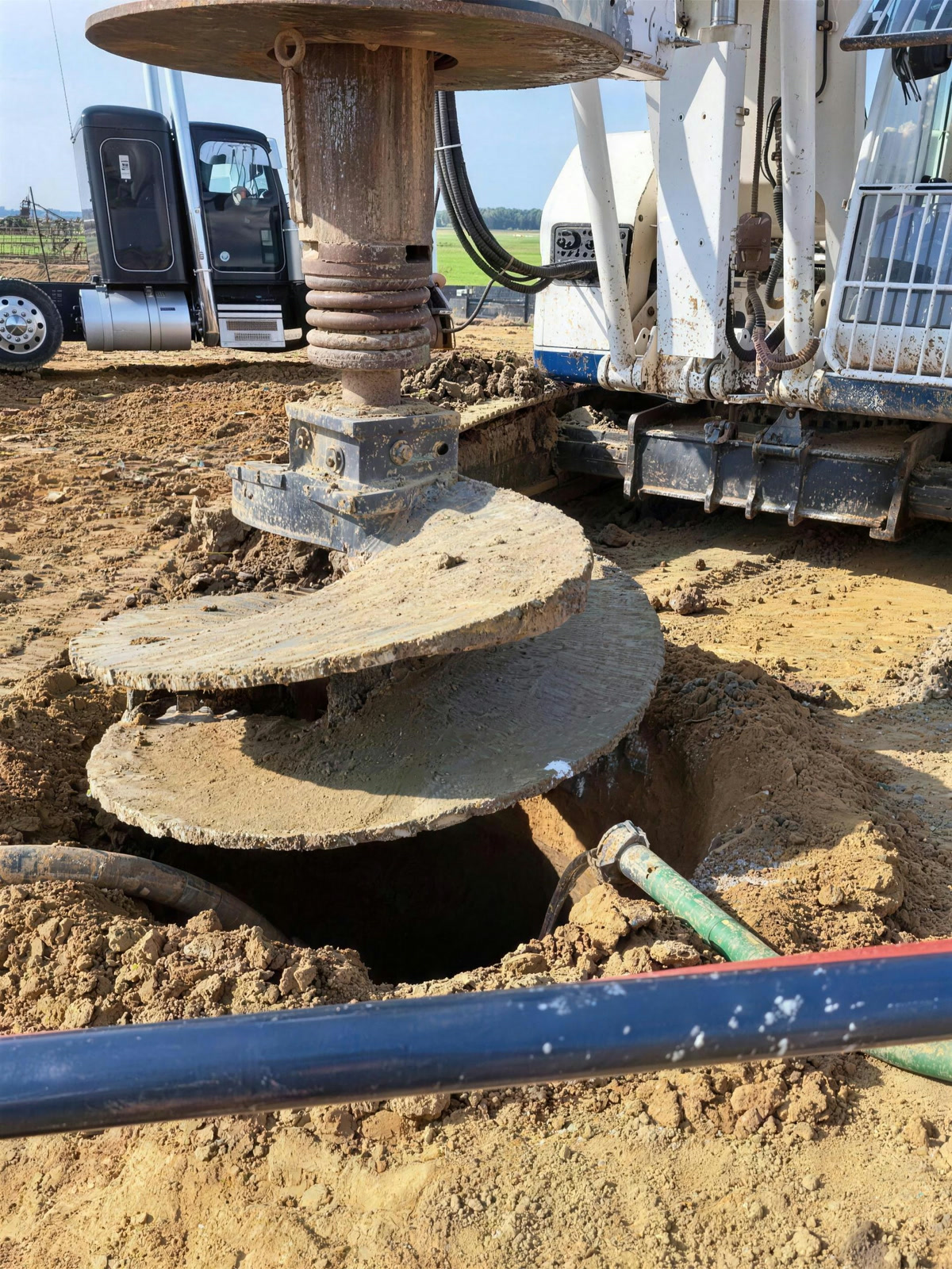 Auger spinning off spoil beside the open shaft