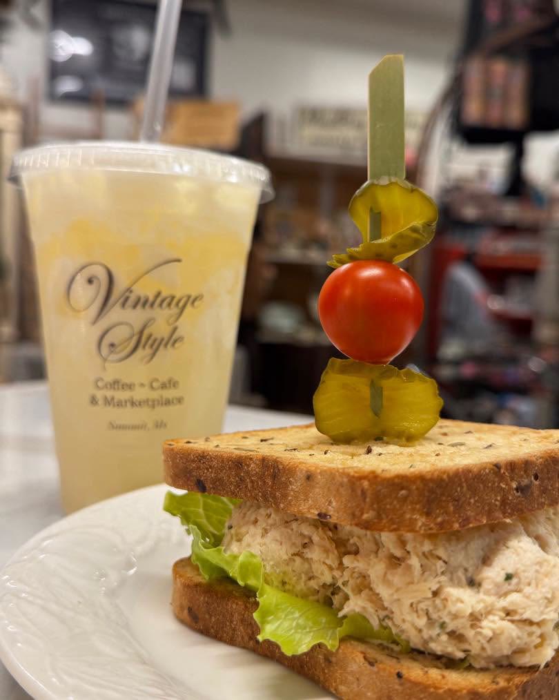 Chicken salad sandwich with a frozen lemonade
