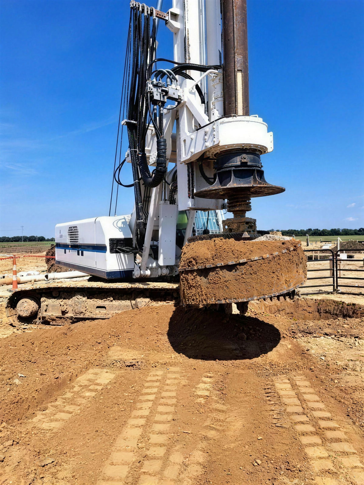 Auger coming up loaded with spoil over the shaft