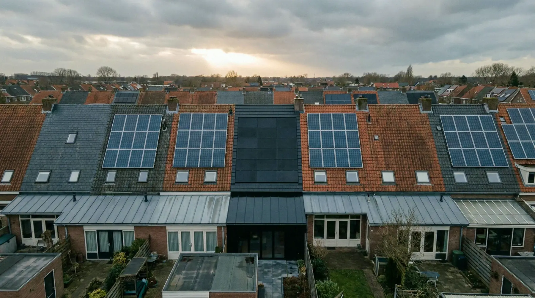 Luchtfoto van een rij Nederlandse woningen, de meeste daken met losse zonnepanelen, één dak volledig zwart
