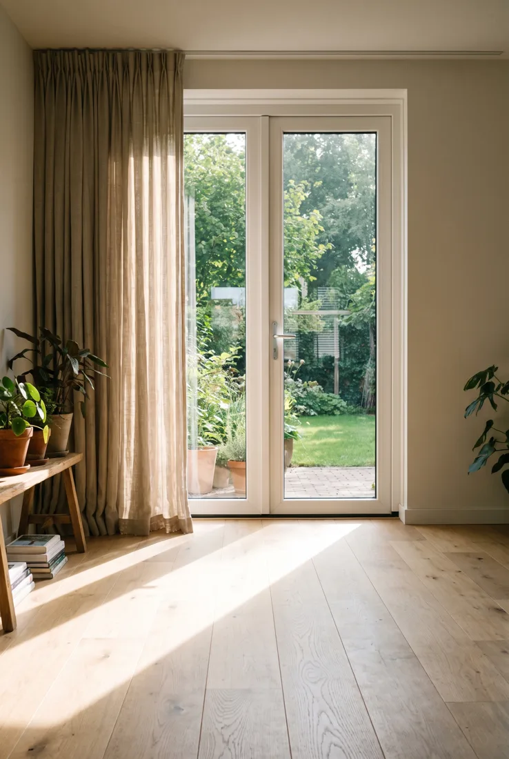 Woonkamer met witte kunststof tuindeuren in ochtendlicht