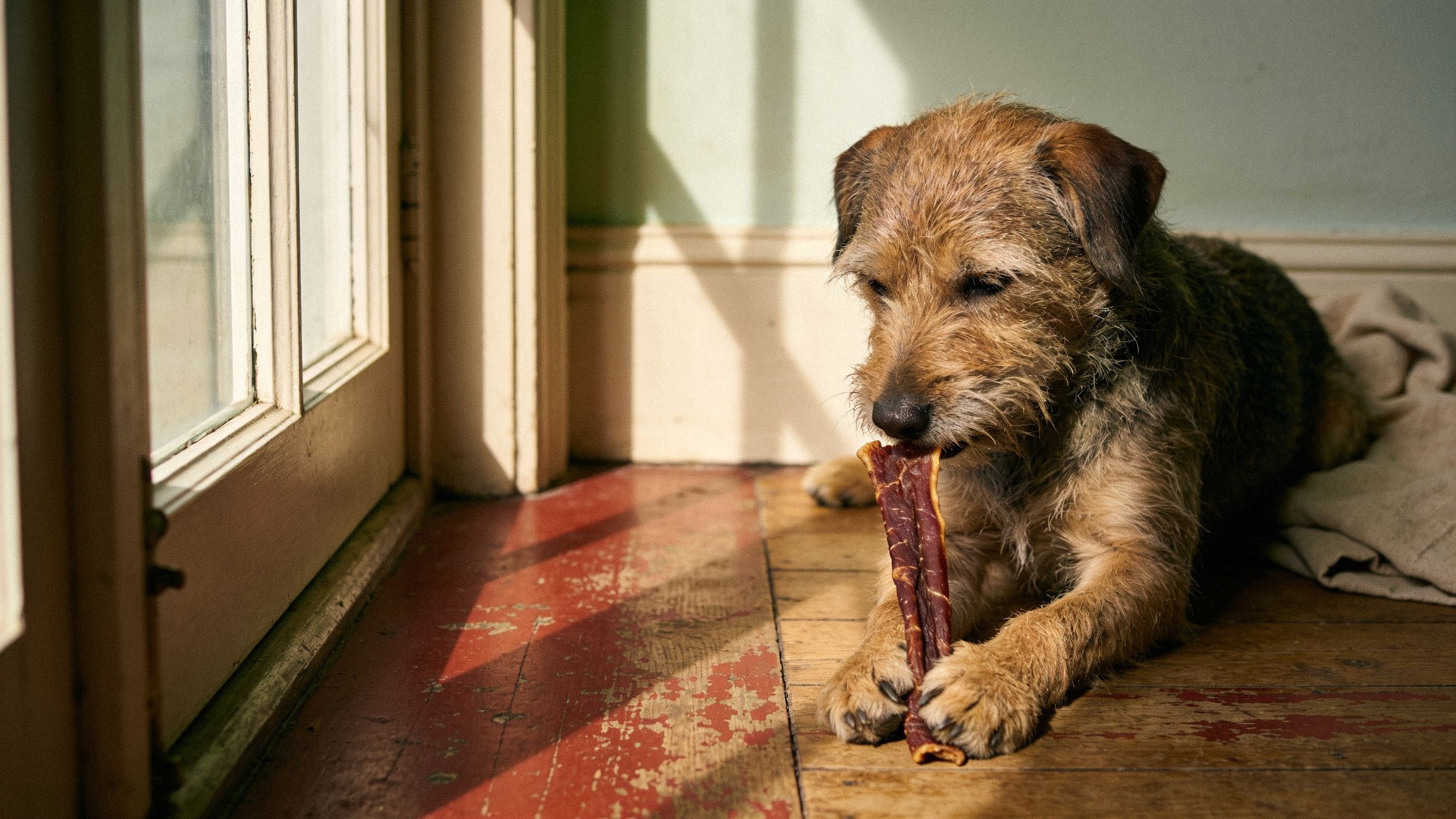 Hond die op een natuurlijke kauwsnack kauwt bij het raam