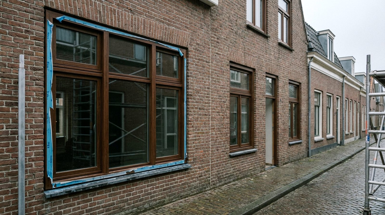Nieuw geplaatste houten kozijnen met driedubbel glas in de bakstenen gevel van een Nederlandse woning