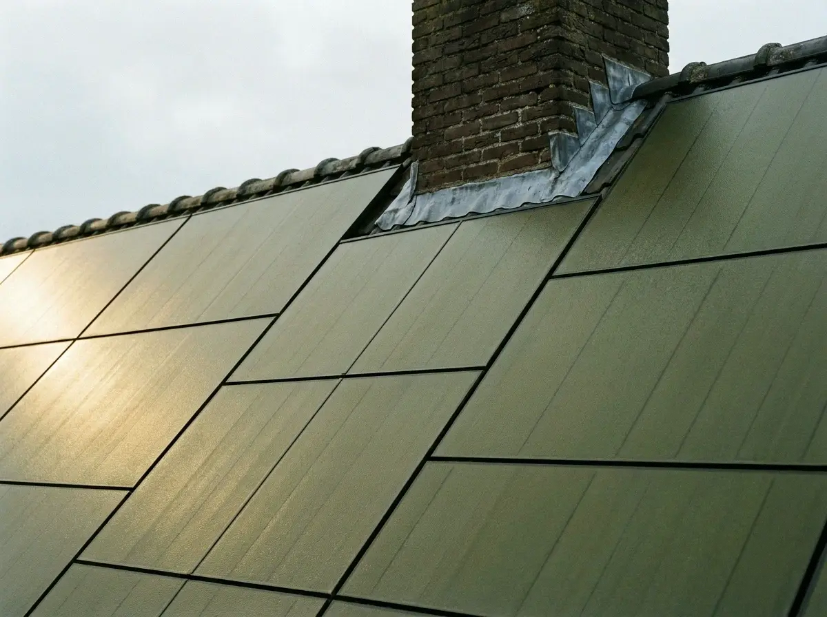 Dakvlak met zonnepanelen in een gedempte olijfgroene kleur