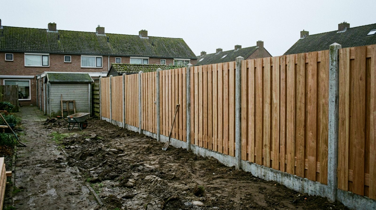 Nieuwe hardhouten schutting op betonpalen langs een Nederlandse achtertuin