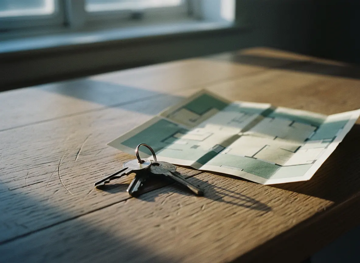 Huissleutels en een plattegrond op een tafel