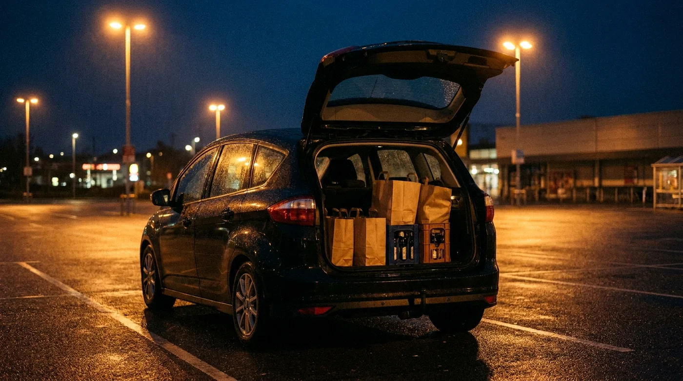 Open kofferbak vol boodschappentassen op een lege parkeerplaats