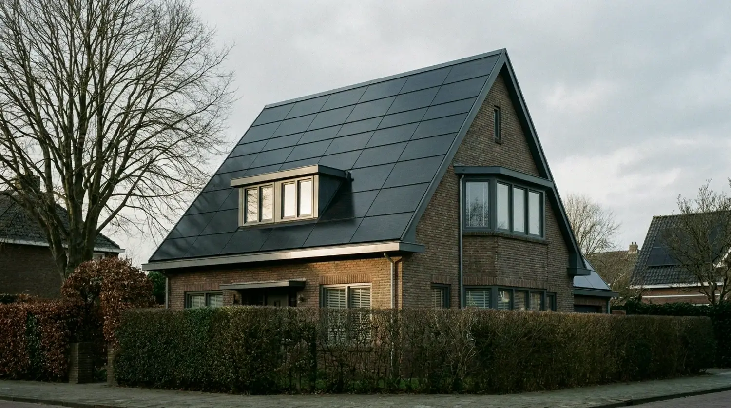 Dezelfde woning met een dakvlak van zwart glas, van de goot tot de nok