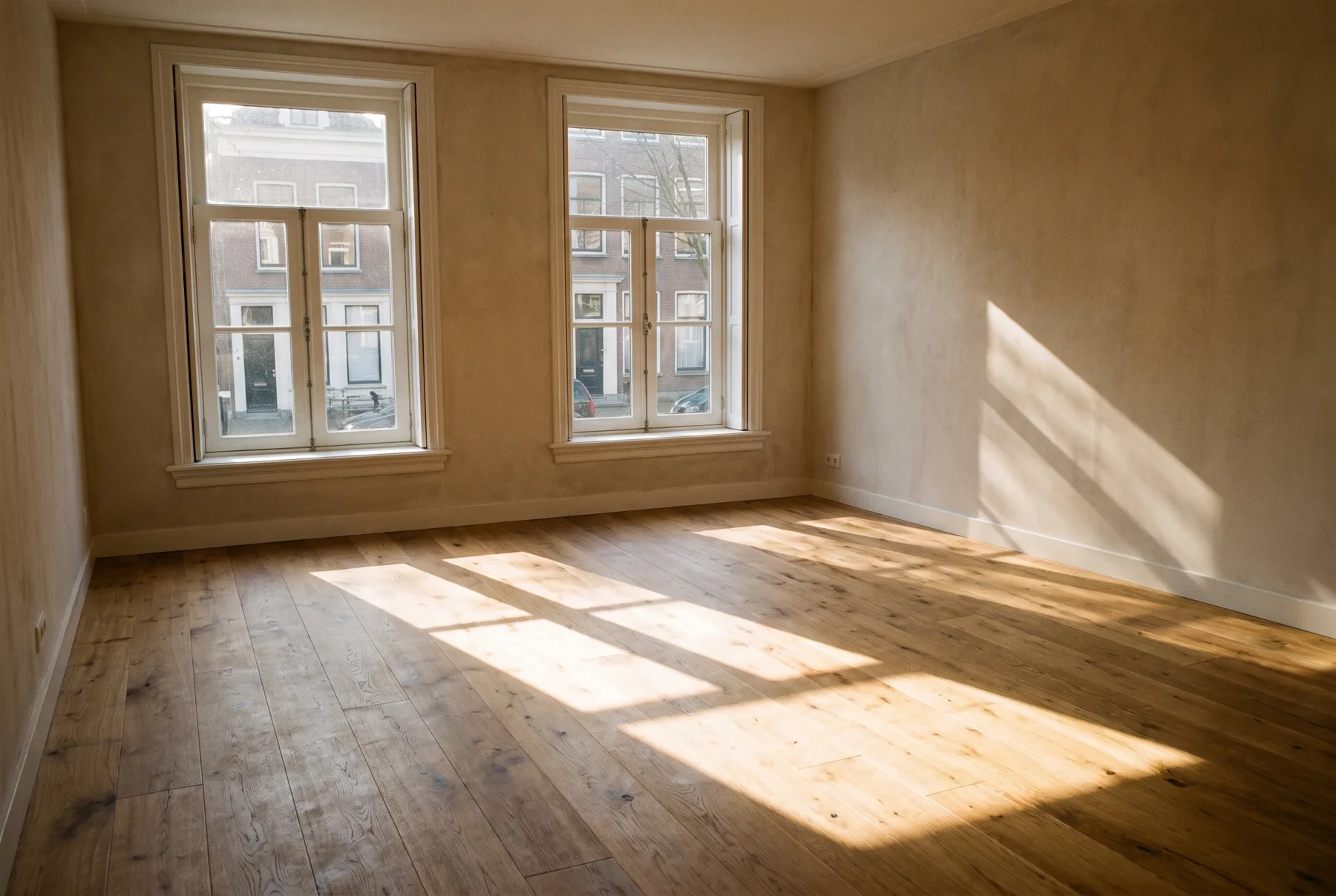 Lege, pas verbouwde kamer met twee nieuwe ramen en een vlak zonlicht op de vloer