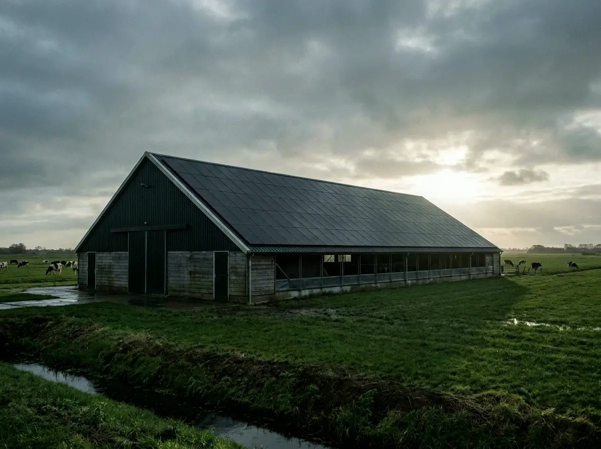 Agrarische schuur met een lang dakvlak vol zwarte zonnepanelen