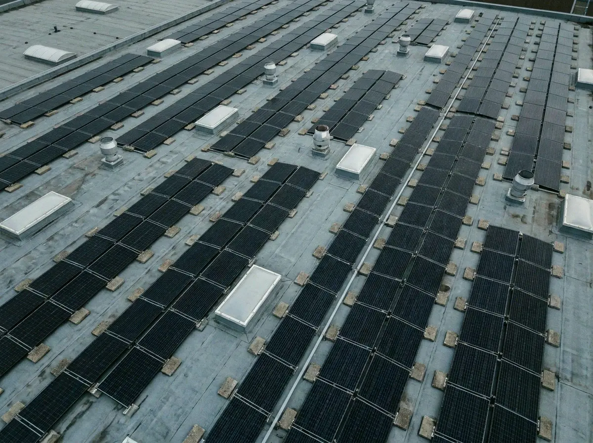 Plat bedrijfsdak met zonnepanelen in oost-westopstelling