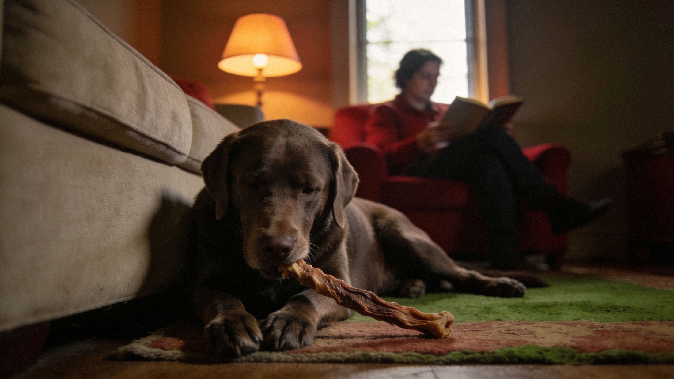 Hond die 's avonds rustig op een kauwsnack kauwt naast de bank
