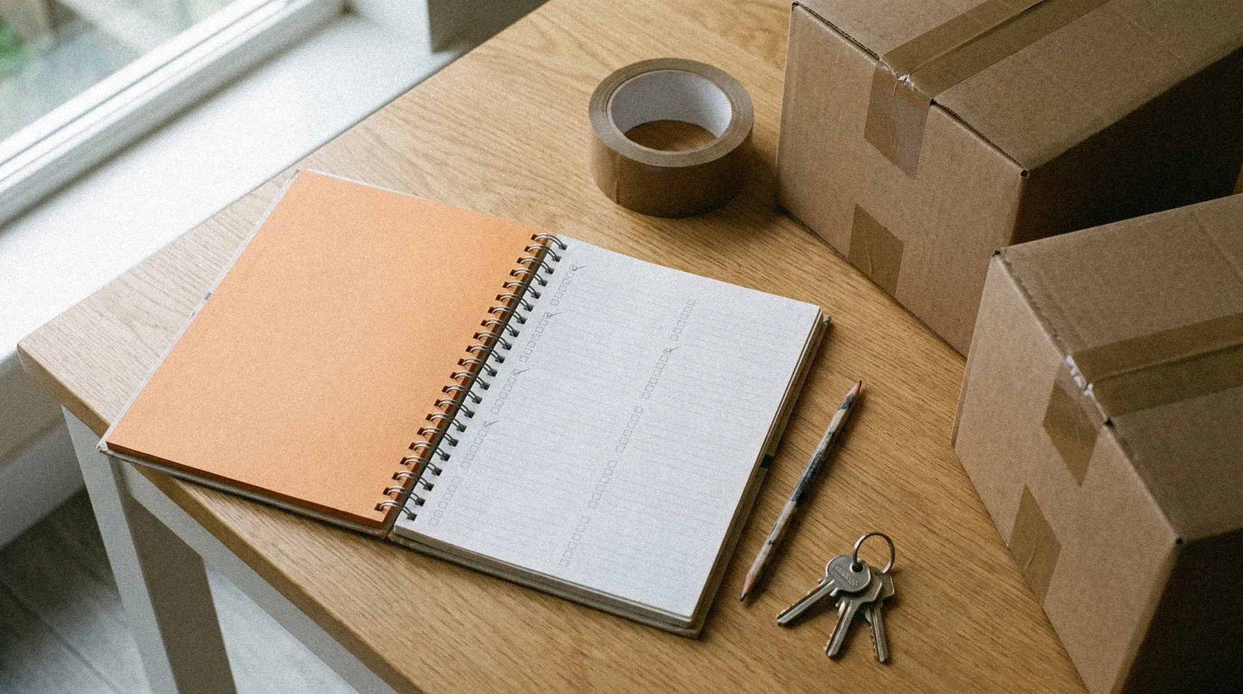 Opengeslagen verhuisplanner op een keukentafel tussen verhuisdozen