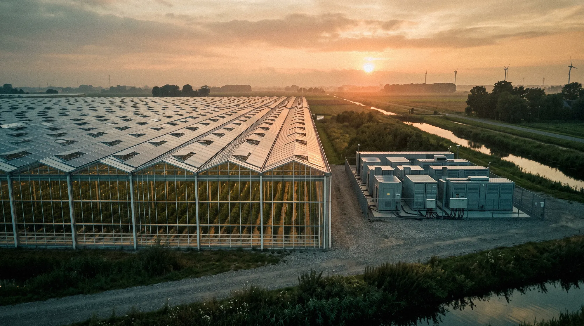 Paprikakas met zonnepanelen en batterijcontainers bij zonsondergang