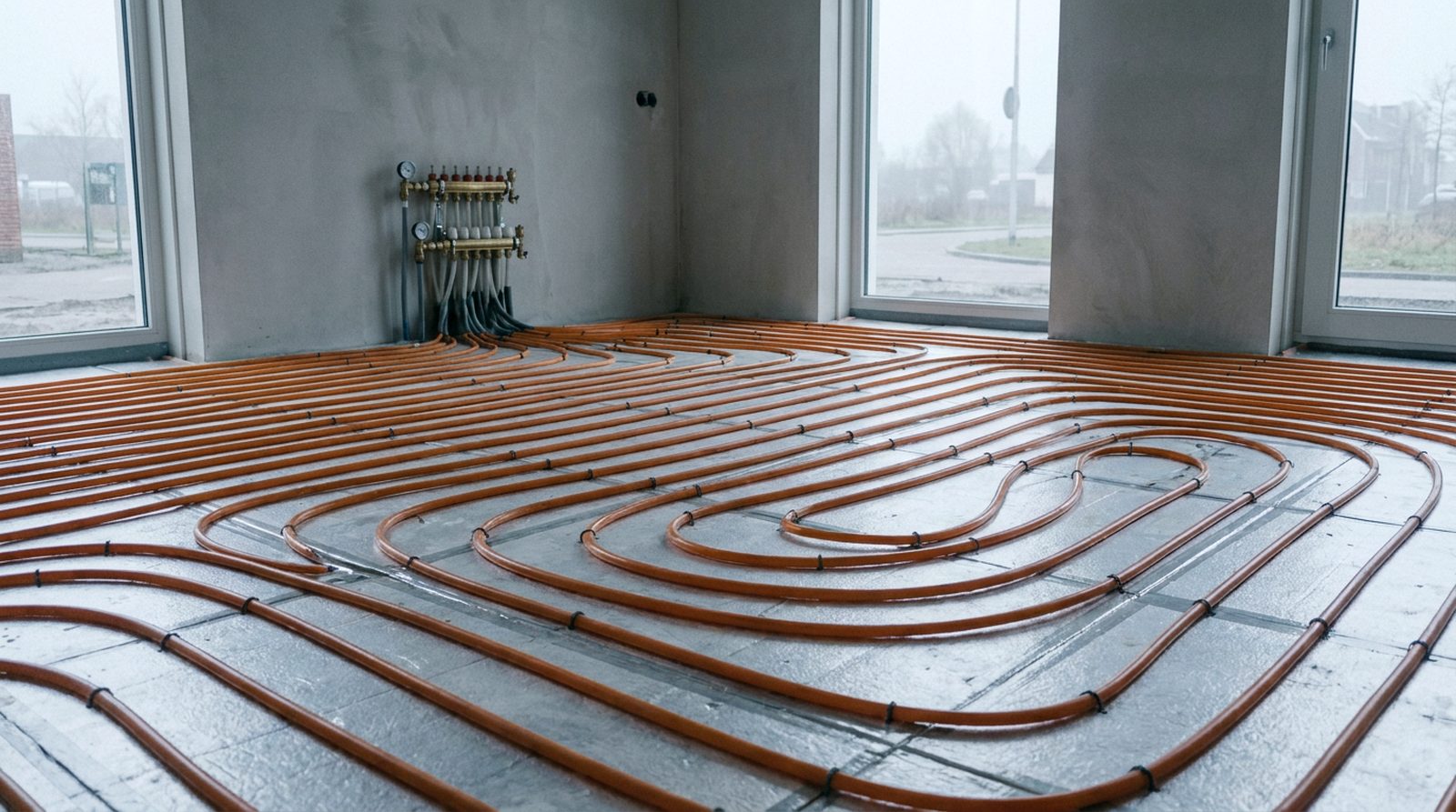 Vloerverwarmingsleidingen in lussen op isolatieplaten in een lege woonkamer, klaar voor de dekvloer