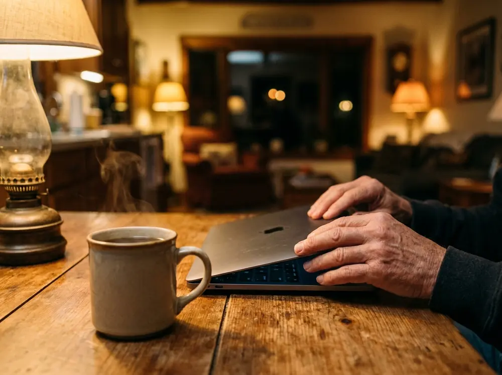 Handen klappen 's avonds een laptop dicht naast een kop koffie, na een geslaagd gesprek