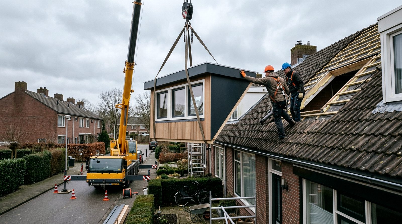 Een dakkapel wordt met een mobiele kraan op het dak van een Nederlandse rijtjeswoning gehesen