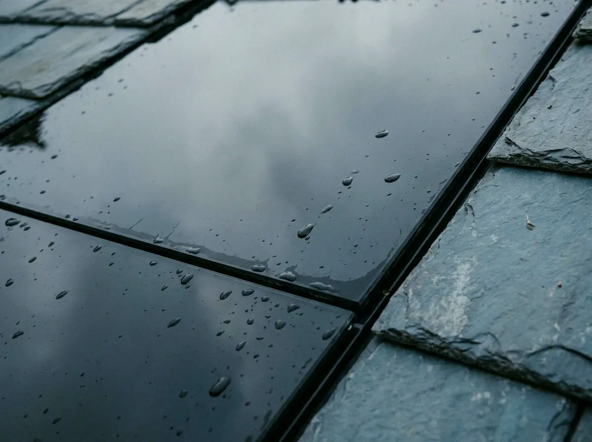 Close-up van zwart glas dat vlak in een leien dakvlak ligt, met regendruppels en de spiegeling van de lucht