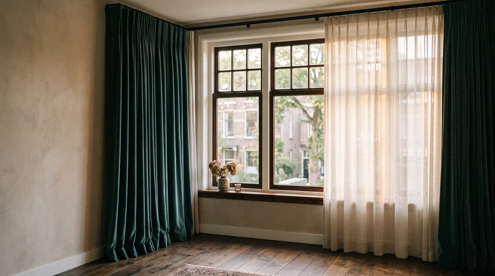 Groene velours overgordijnen met een inbetween voor een hoog raam (sfeerbeeld)